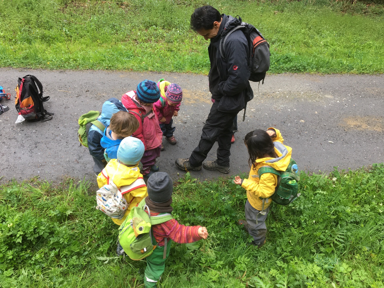 Eine Gruppe Kinder beobachtet gemeinsam mit einer Begleitperson etwas am Wegrand